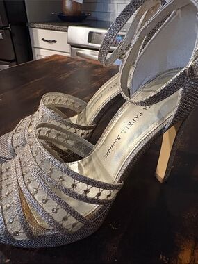 Adrianna Papell Silver Glitter Mesh Strappy High Heels